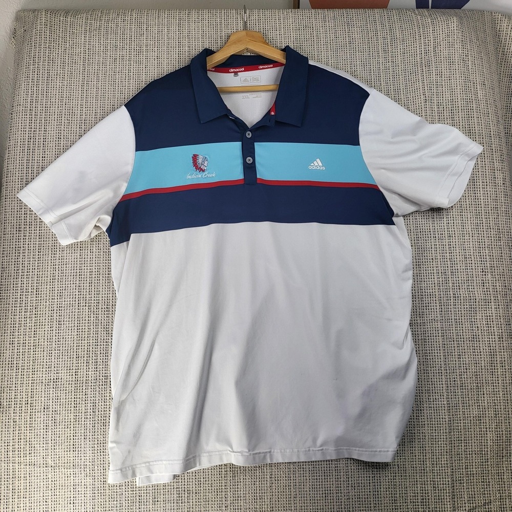 Adidas Shirt Mens 2XL White Blue ClimaCool Indian Creek Golf Polo Performance